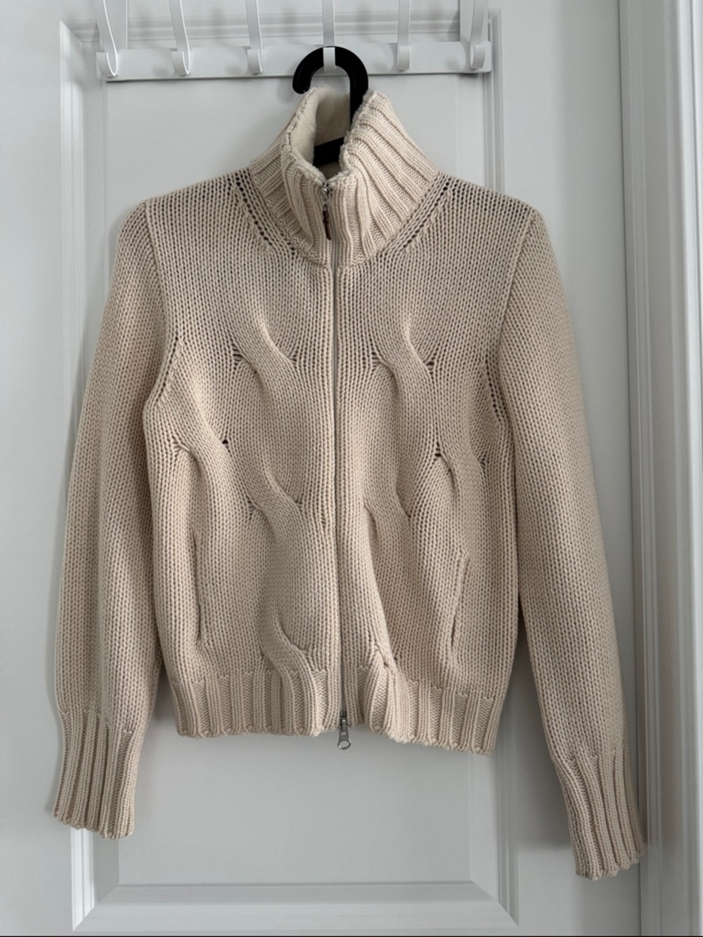 Burberry Cream Zip-Front Turtleneck Knit Sweater